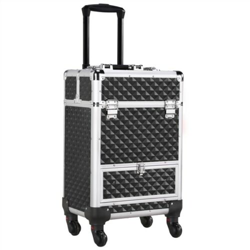 Rolling Aluminum Makeup Train Case Cosmetic Case Trolley With Drawer Lock Black