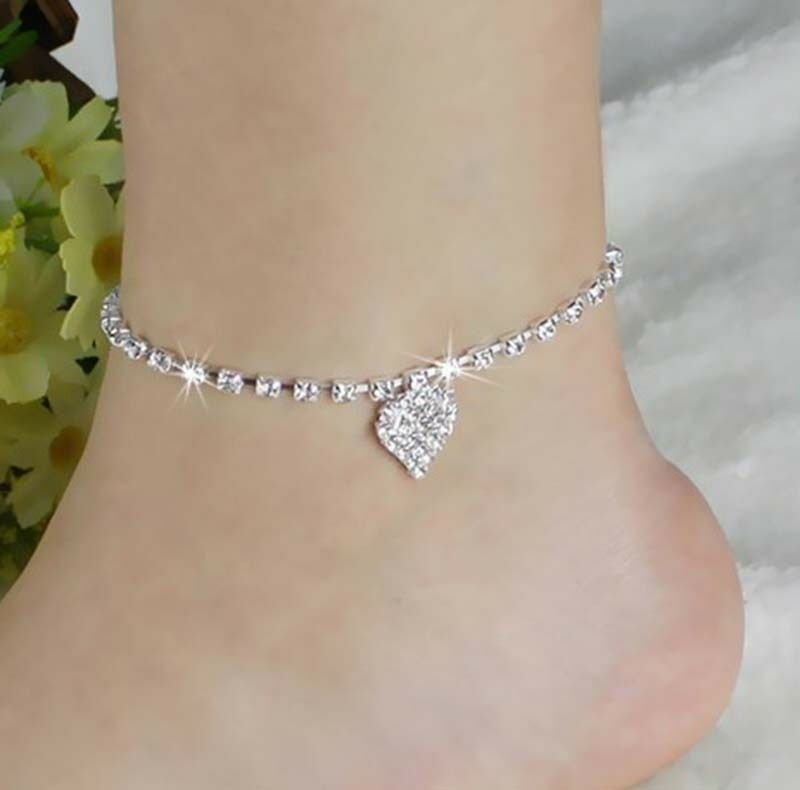 Women Lady Crystal Rhinestone Love Heart Anklet Ankle Bracelet Chain Jewelry