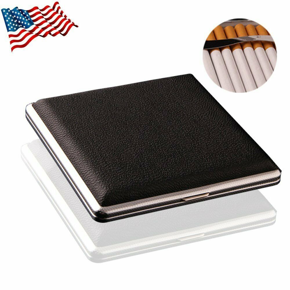 Pu Leather Cover Metal Cigarette Case Box Double Sided Clip For 20 Cigarette Us