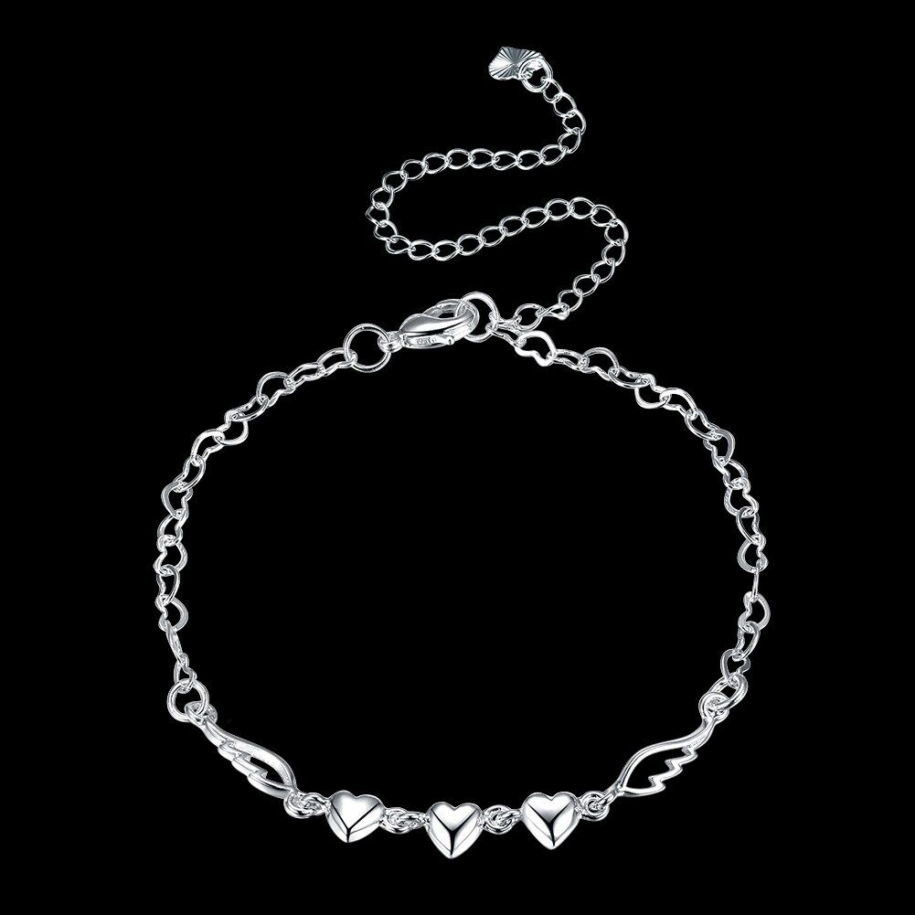Womens 925 Sterling Silver Love Heart Link Chain Foot Ankle Bracelet #ab02
