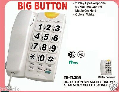 White Large Number Big Button Home Telephone Corded Wall Desk 10 Memory Dialing