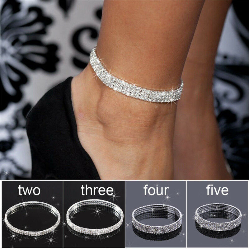 Silver Ankle Bracelet Stretchy 2 3 4 5 Rows Anklet Chain Diamante Rhinestones