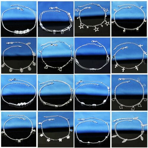 925 Silver Ankle Sterling Anklet Love Chain Bracelet Beach Feet Foot Jewelry Us