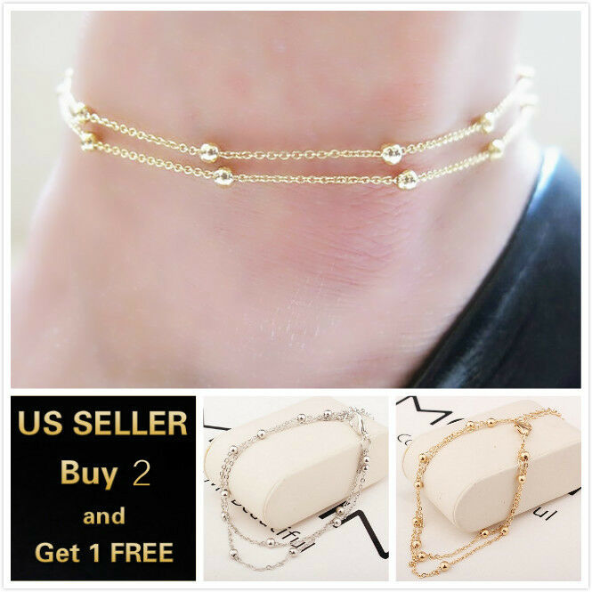 Double Layer Beads Gold Silver Anklet Ankle Bracelet Foot Chain