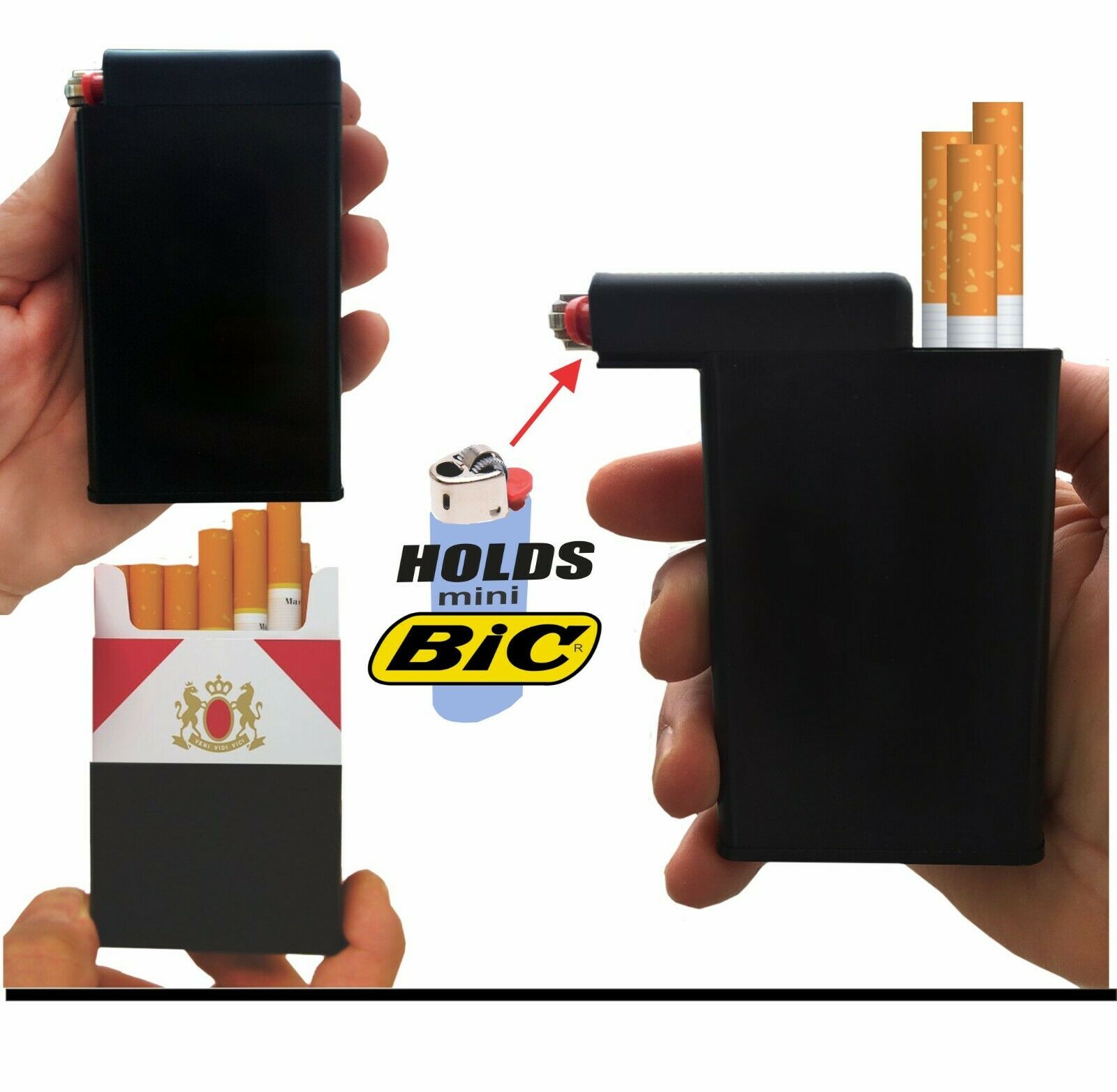 Black Cigarette Case Box Tobacco Lighter Holder Kings 100's Ryo