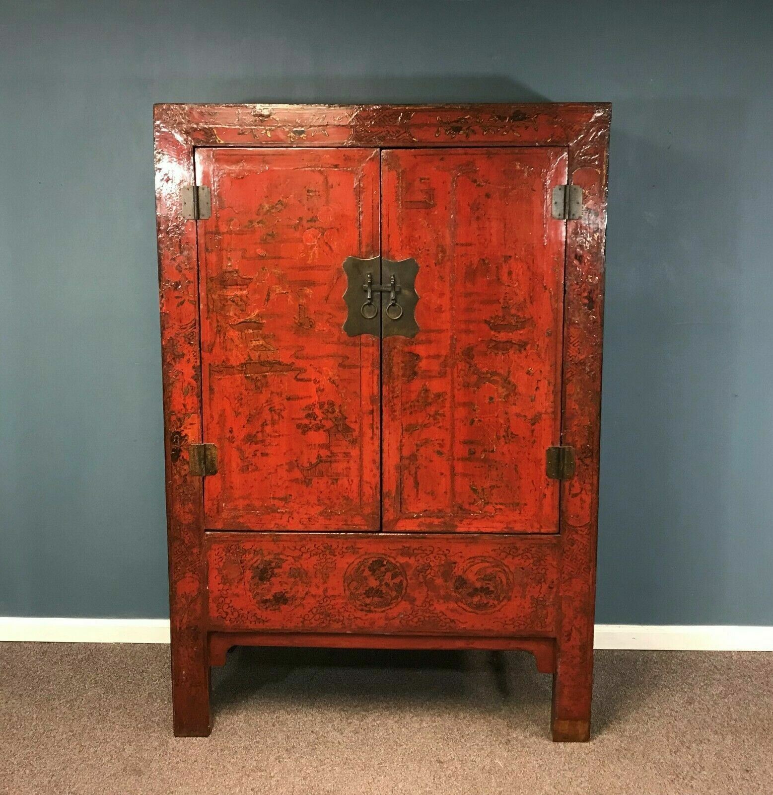 Large Antique Chinese Red Lacquer Decorated Cabinet