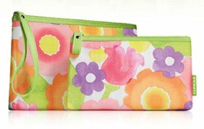 Clinique Floral Print Cosmetic Makeup Bag Set  Zipper Pouch (1 Large + 1 Small )