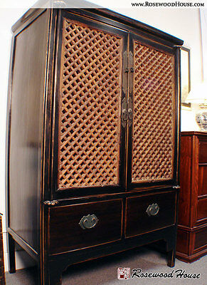 Lattice Pocket Panel Door Armoire Solid Elm Wood Genuine Asian Antique Cabinet