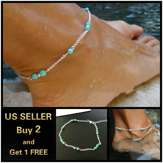 Boho Turquoise Bohemian Blue Beads Silver Anklet Ankle Bracelet Foot Chain